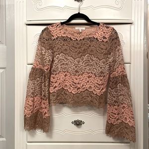WAYF pink and tank lace cropped shirt with bell flared sleeves